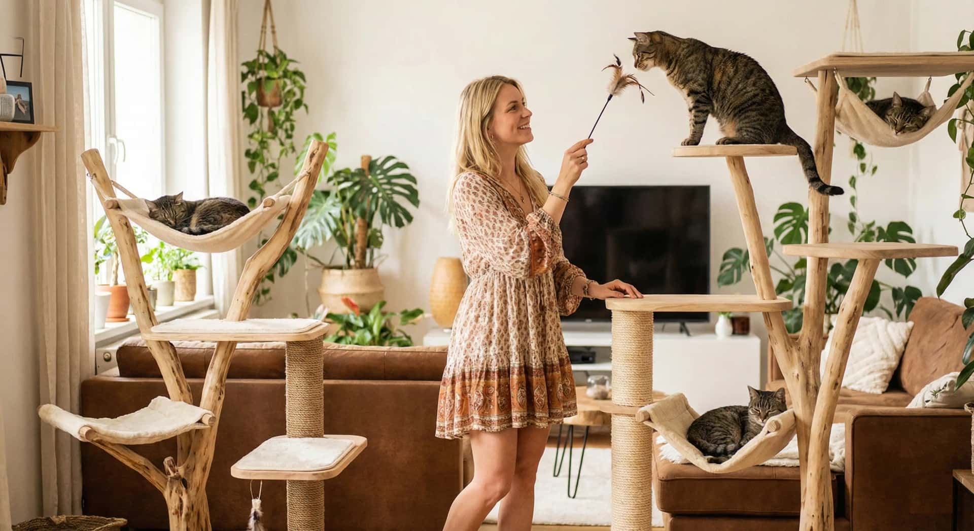 A modern living room featuring premium cat trees with multiple levels, scratching posts, and cozy perches, with happy cats exploring