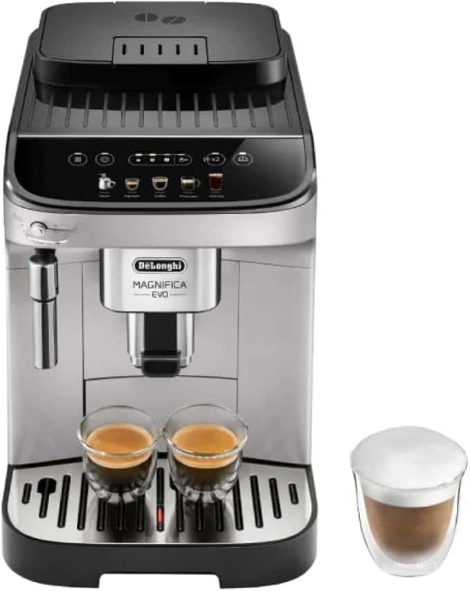 De'Longhi Magnifica Evo Automatic Machine Bean to Cup Espresso Cappuccino and Iced Coffee Maker, with Automatic Milk Frother, Colored Touch Display, Built-in Grinder, Black, Silver (Renewed)