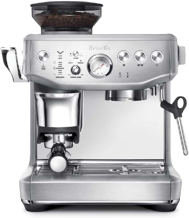 Breville Barista Express Impress espresso machine in brushed stainless steel