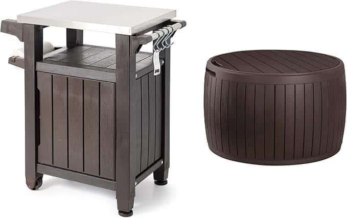Keter Unity 40 Gallon Stainless Steel Top Grilling Bar Cart with Circa 37 Gallon Round Deck Box Multipurpose Storage Table and Seating, Brown
