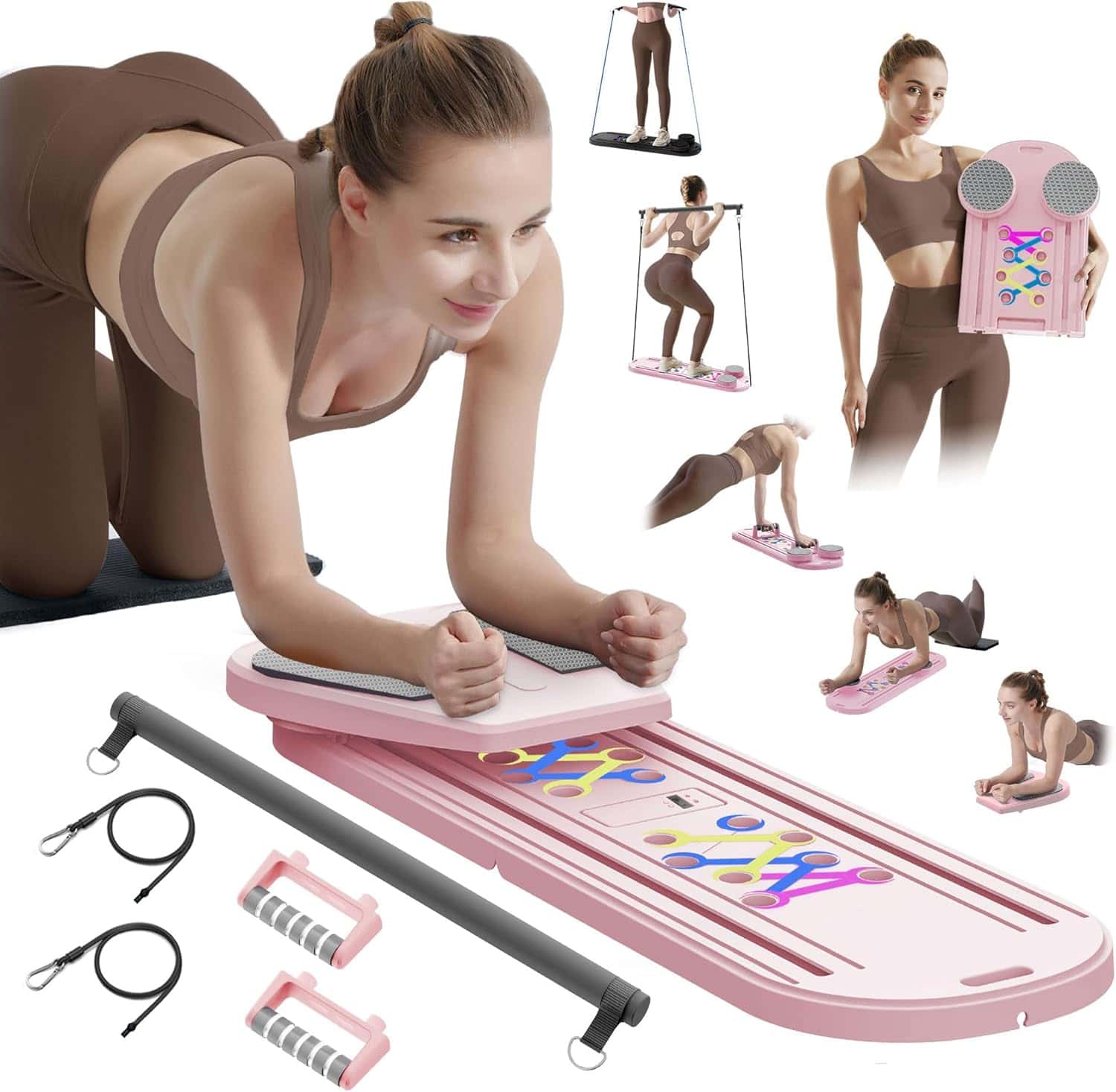 Pilates Board Pilates Reformer Set, Multifunctional Pilates Board for Home Workout, Foldable Abs Core Trainer Board,Pilates Board for Women, Men & Beginners for Full-Body Workouts Pink