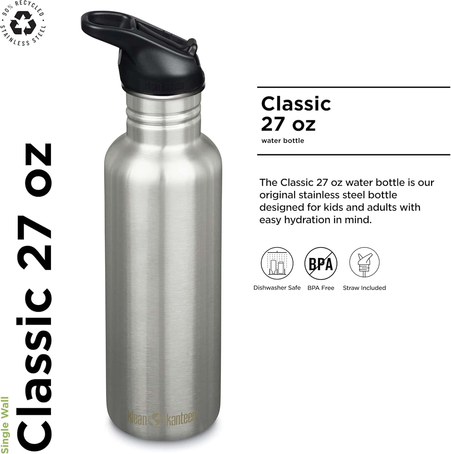 Klean Kanteen 27 oz Classic Water Bottle - Side View