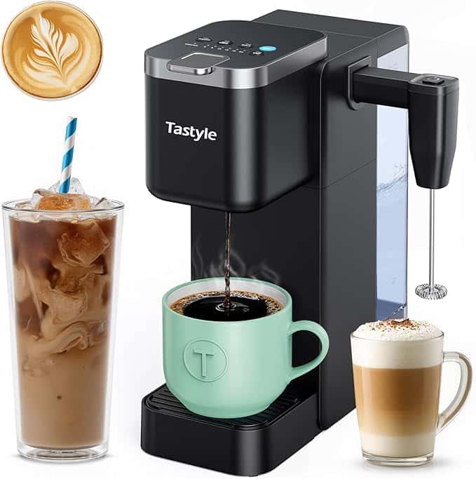 Single Serve Coffee Maker with Built-in Detachable Milk Frother, Iced and Hot Coffee Machine for K Cup & Grounds