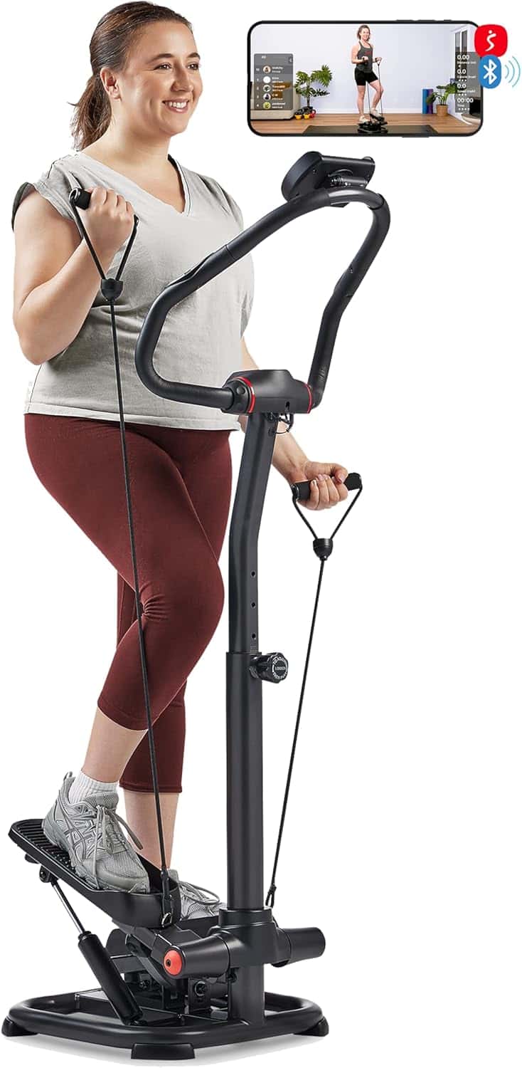 Sunny Health & Fitness 2-in-1 Premium Power Stepper with 400lbs Weight Capacity and Resistance Bands, Low-Impact Cardio, Space-Saving, Height-Adjustable, with Bluetooth and Free SunnyFit App