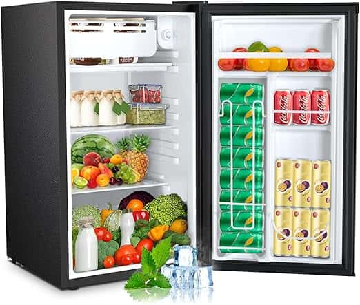 3.2 Cu.ft Mini Fridge with Freezer, Compact Refrigerator with Reversible Single Door, Adjustable Thermostat, Low Noise, Energy Efficient for Office, Dorm, Bedroom, Apartment (Black)