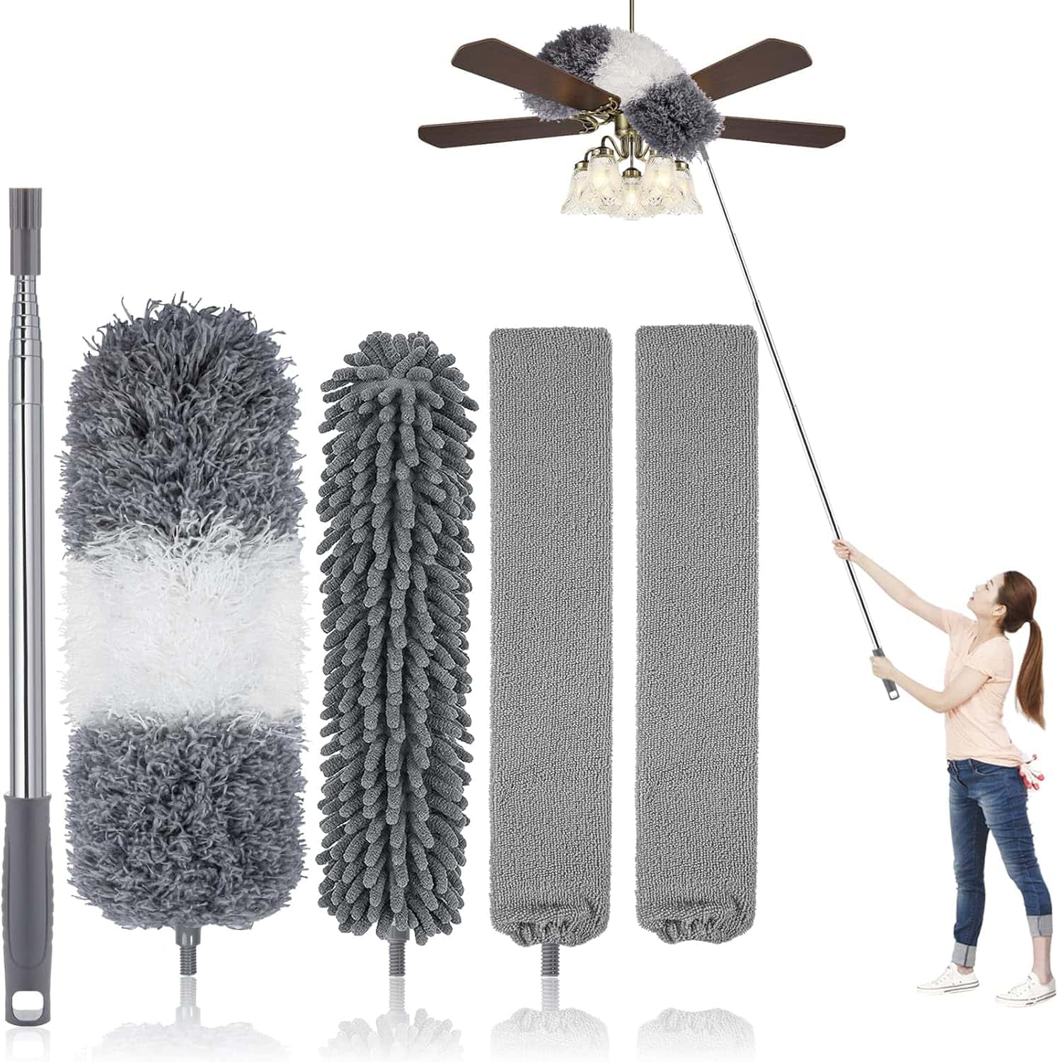 Dusters for Cleaning with Extension Pole, 30–100" Microfiber Duster for Ceiling Fans, Blinds & High Ceilings, Bendable Washable Heads, 5-Piece Kit for Easy Dusting - Essential tool for effective dusting with the dryer method