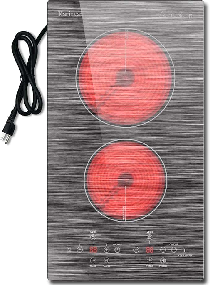 Karinear 2 Burner Electric Cooktop 110V, 12 Inch Countertop & Built-in Electric Stove Top, Plug-in Ceramic Cooktop with Child Safety Lock, Timer, Pause, Smooth Glass Surface with Beautiful Pattern(B)