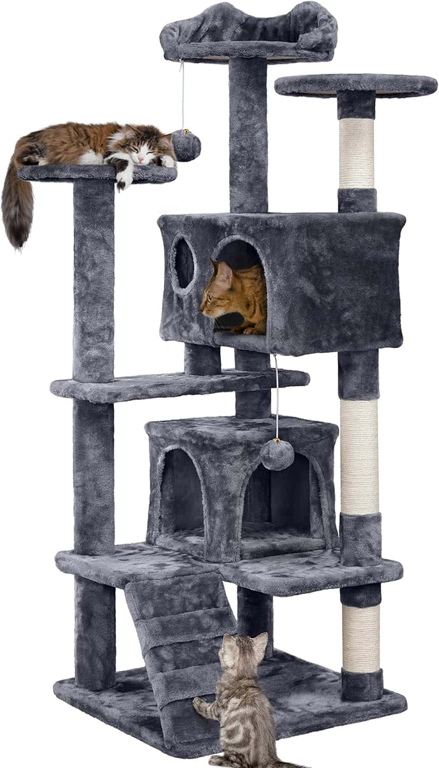 Yaheetech 54-inch cat tree with kitten-ear perch, caves, scratching posts, and plush balls