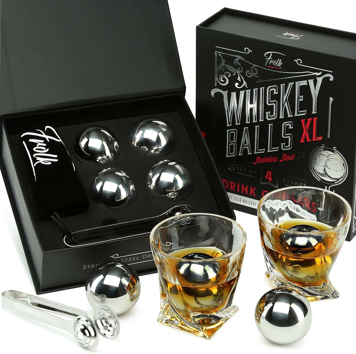 Gifts for Him - Men Dad Husband - 4 XL Stainless Steel Whisky Ice Balls, Special Tongs & Freezer Pouch in Luxury Gift Box for Whiskey Lovers!