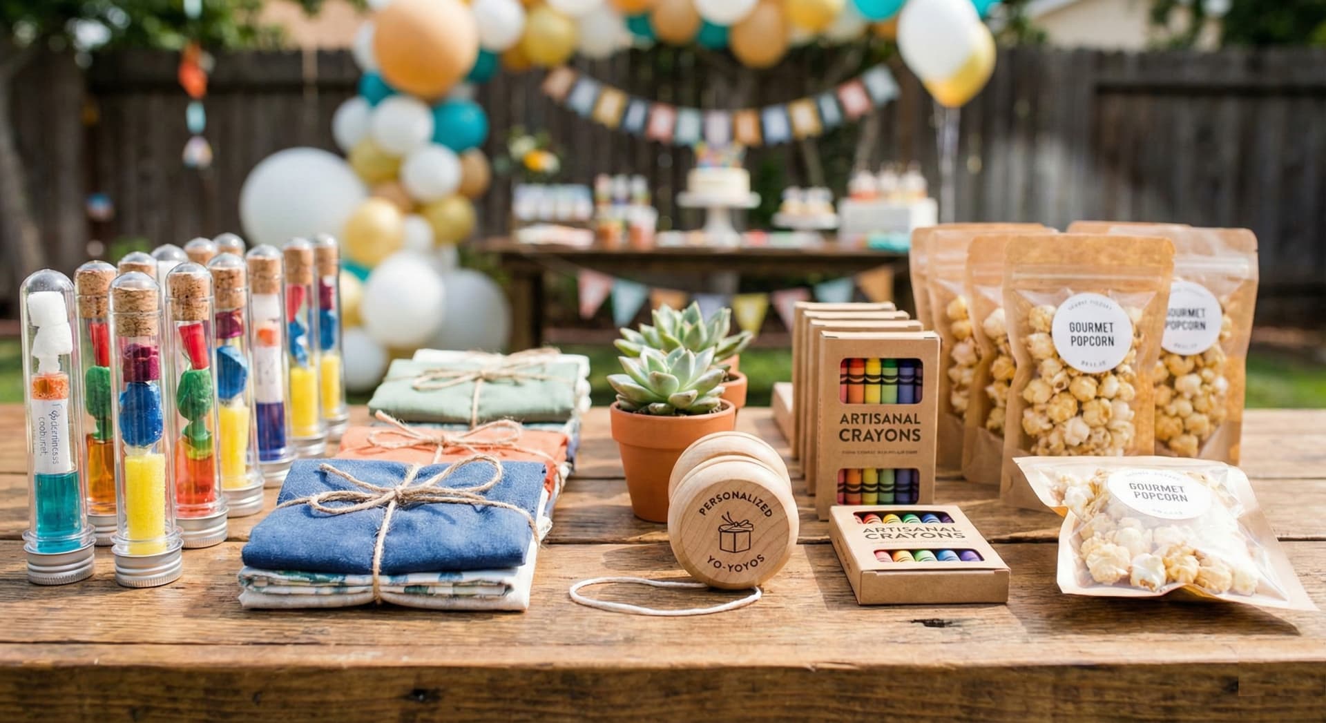 Reusable party favor bags filled with colorful, useful gifts