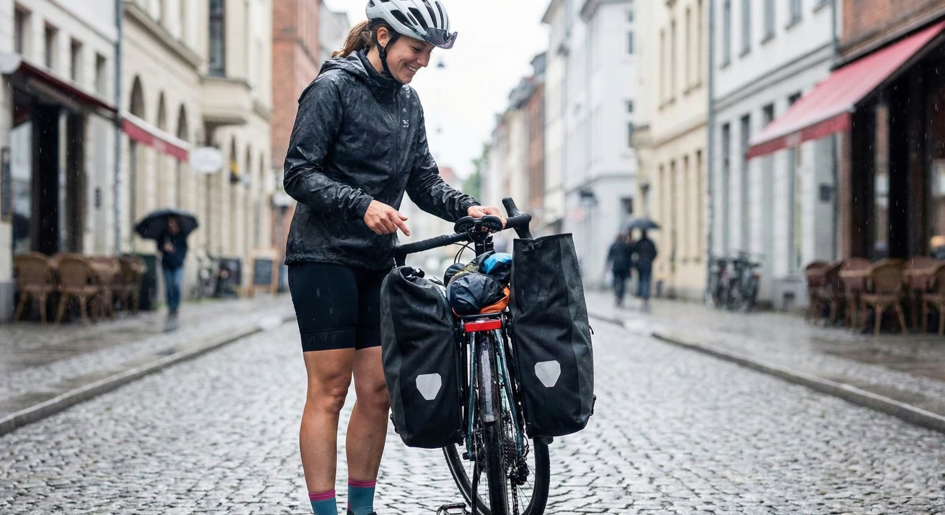 Cyclist loading waterproof bike panniers on a commuter bike