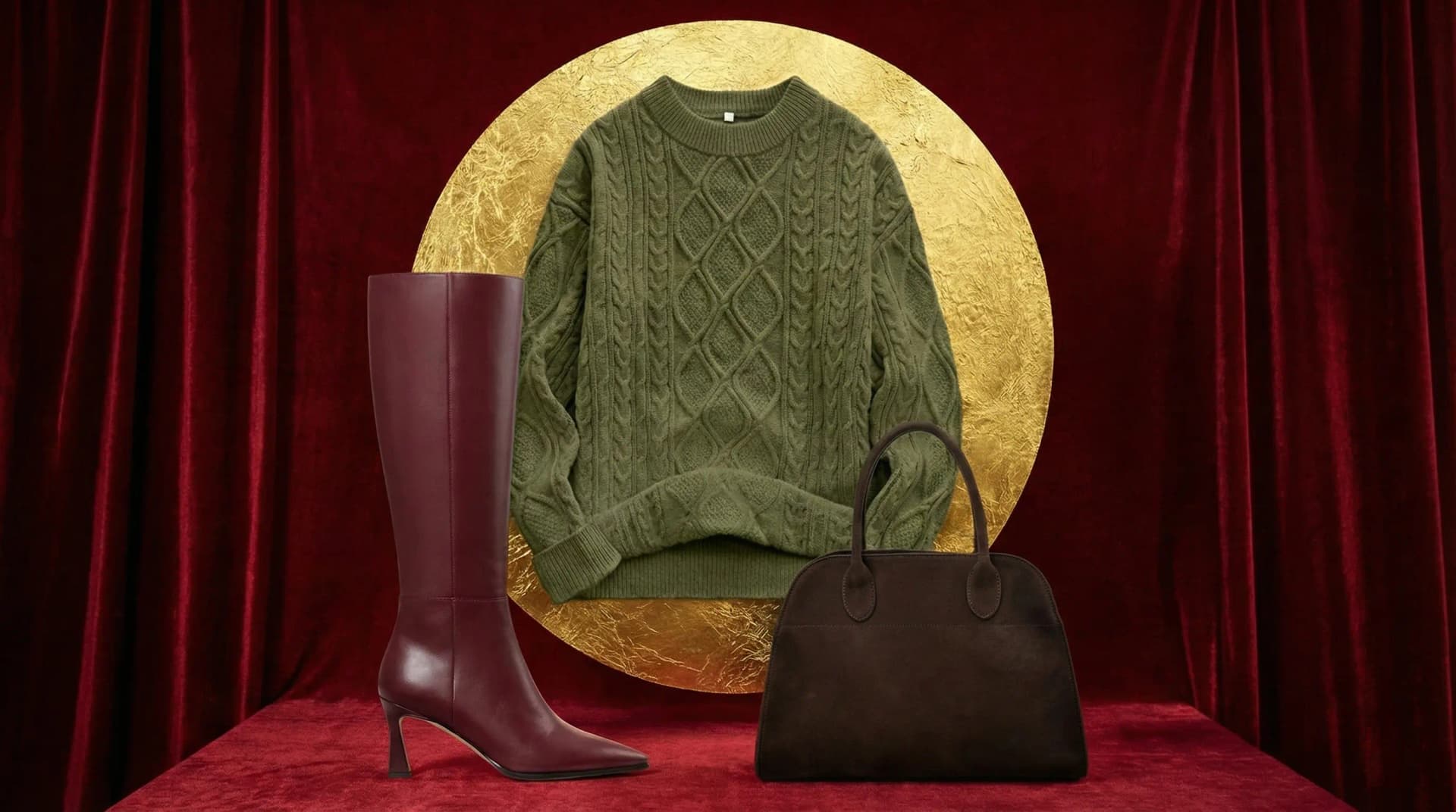 Fall color palette featuring brown, burgundy, and green wardrobe items displayed elegantly