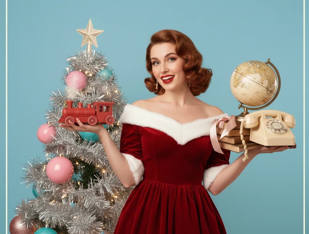 A curated collection of nostalgic retro Christmas gifts including vintage-inspired decorations, classic toys, retro tech, and holiday memorabilia arranged on a festive holiday display