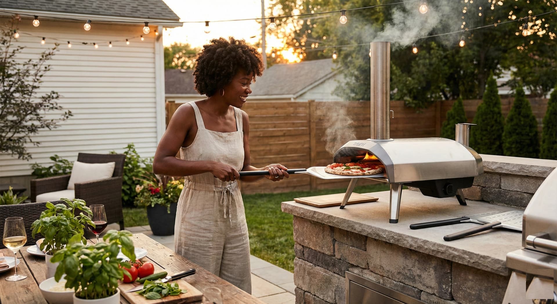 Portable wood fired pizza oven blazing on a backyard table