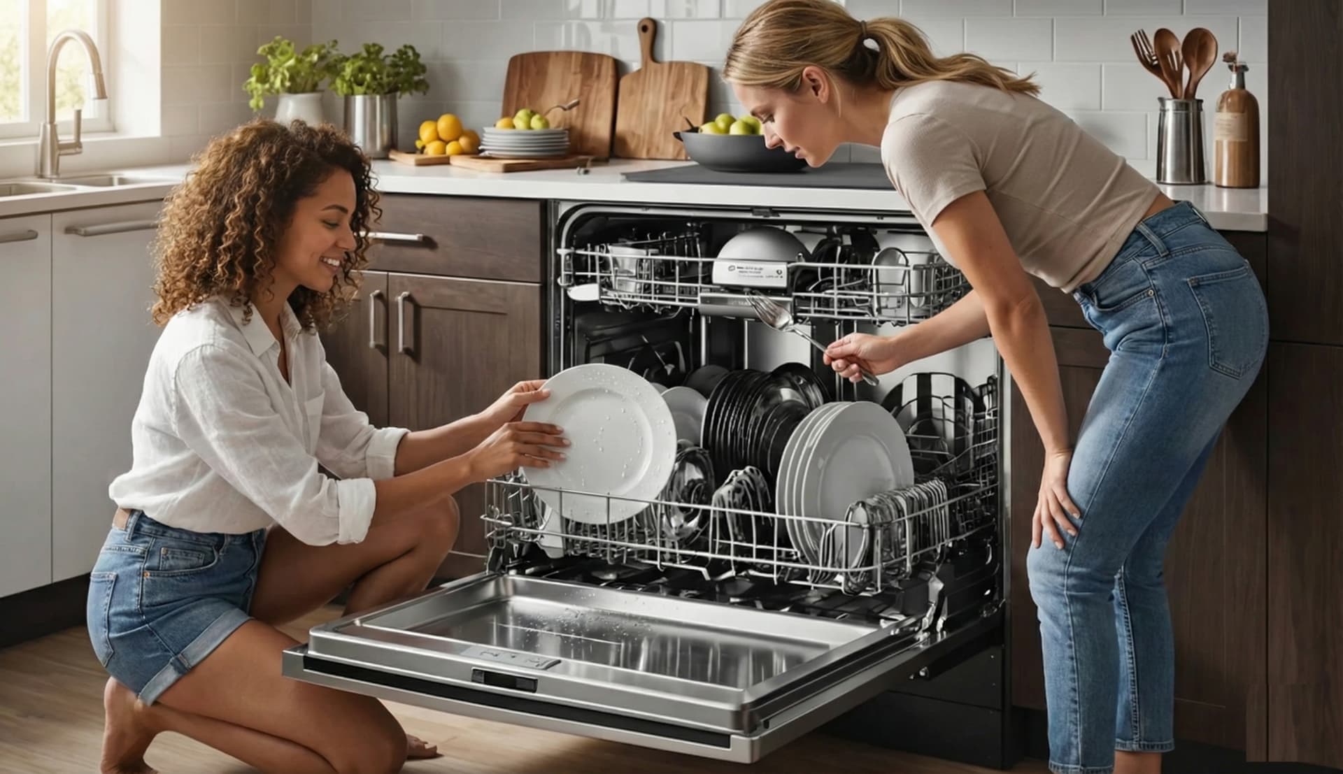 Panel-ready smart dishwasher flush with white shaker cabinets in open-concept kitchen
