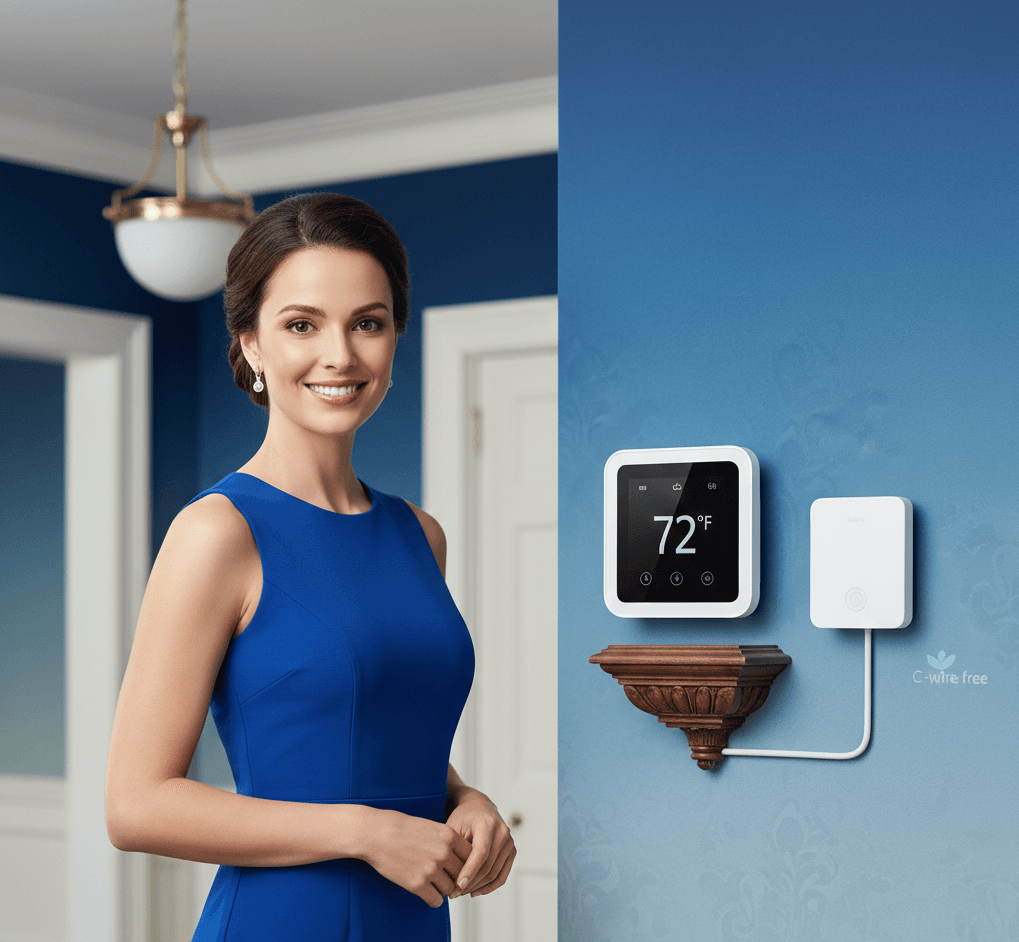 Vintage home thermostat next to modern smart thermostat on wooden table