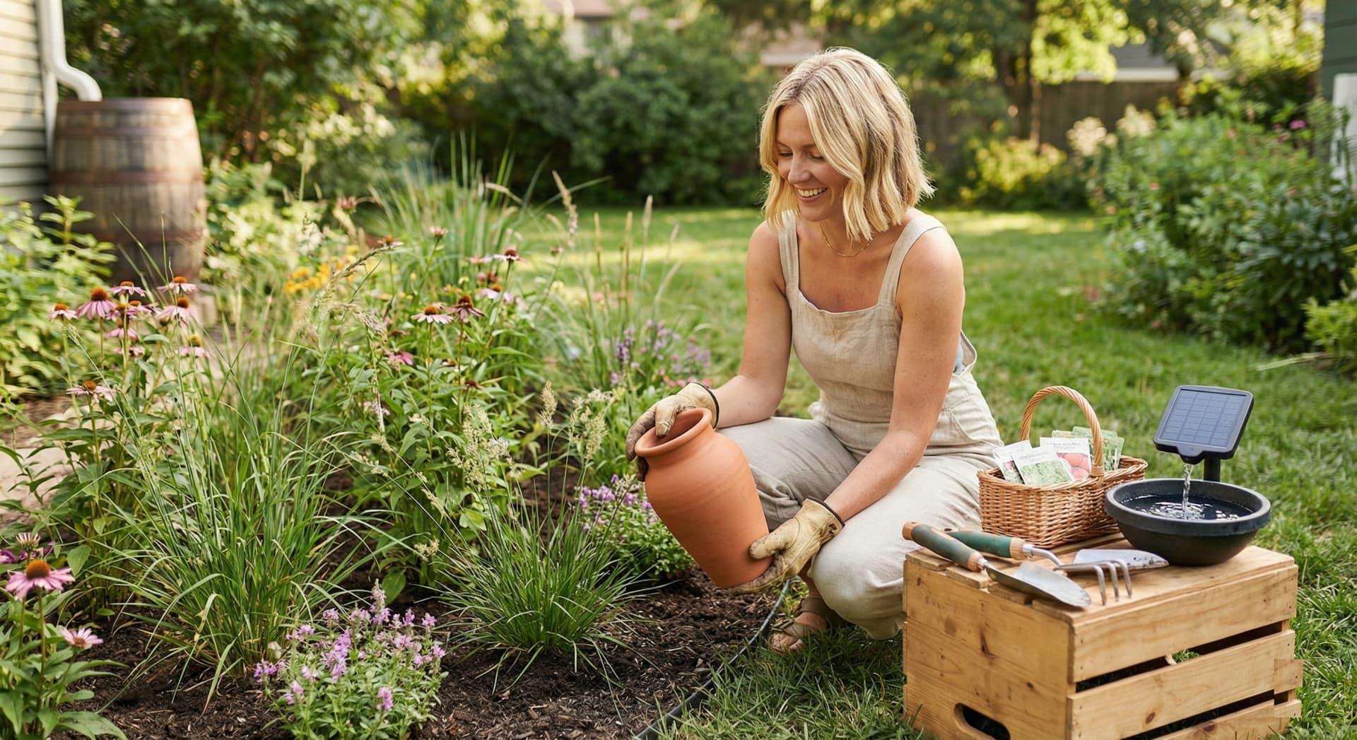 Sustainable gardening 2026 featuring rain gardens, native plants, and water-saving irrigation techniques for eco-friendly landscaping