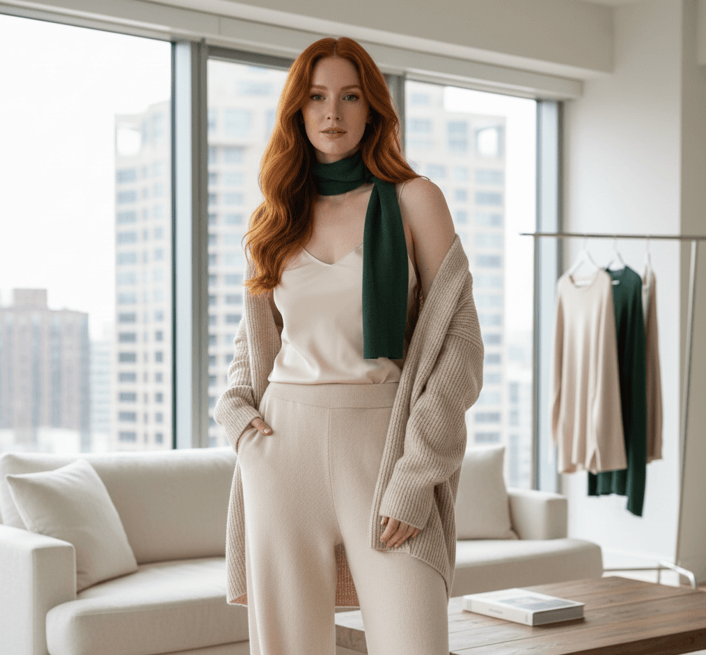 Sustainable luxury silk blouse and recycled cashmere sweater on wooden hanger