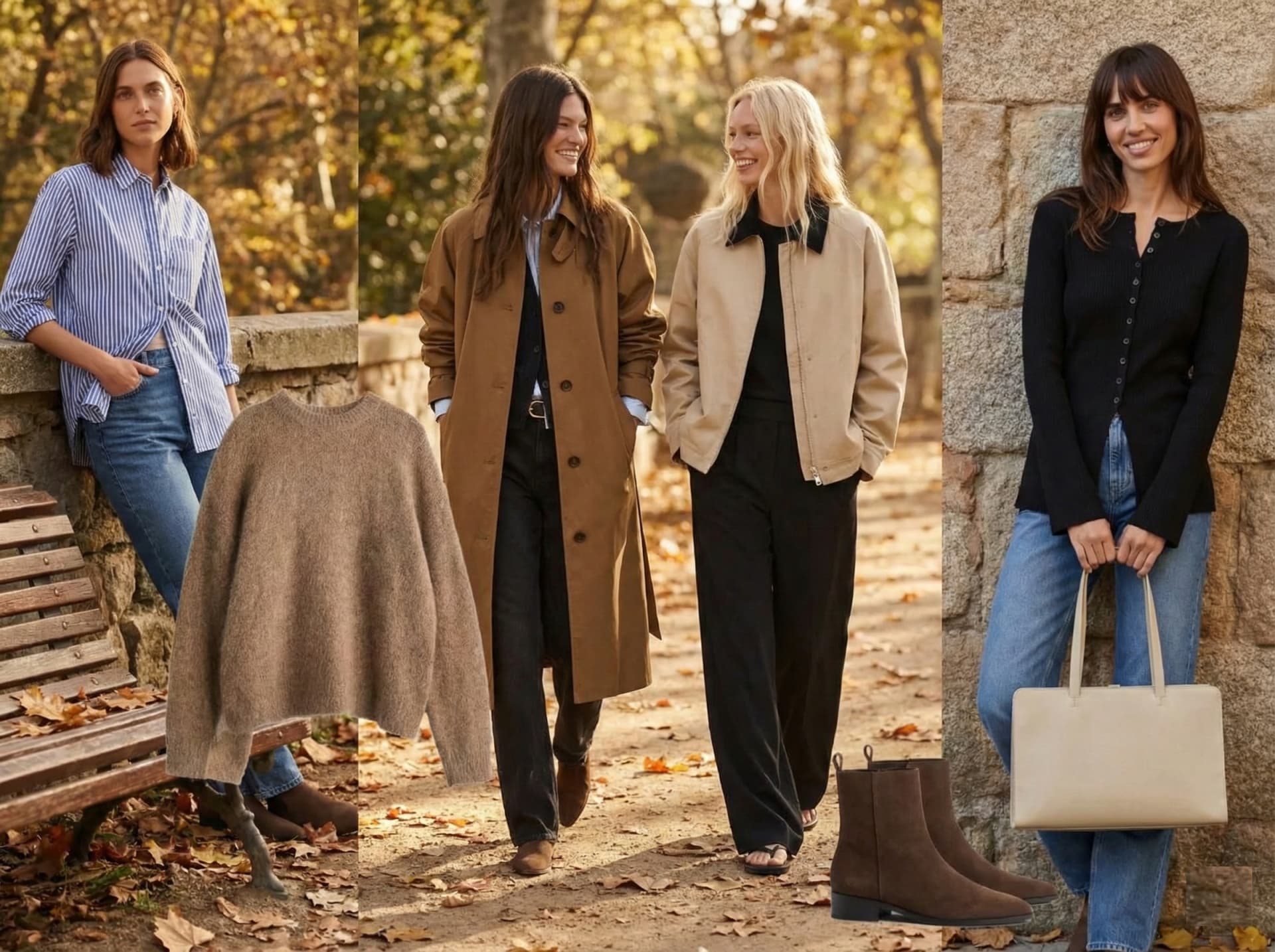 Flatlay of sustainable luxury wardrobe capsule with silk set, recycled knit, and chrome-free accessories