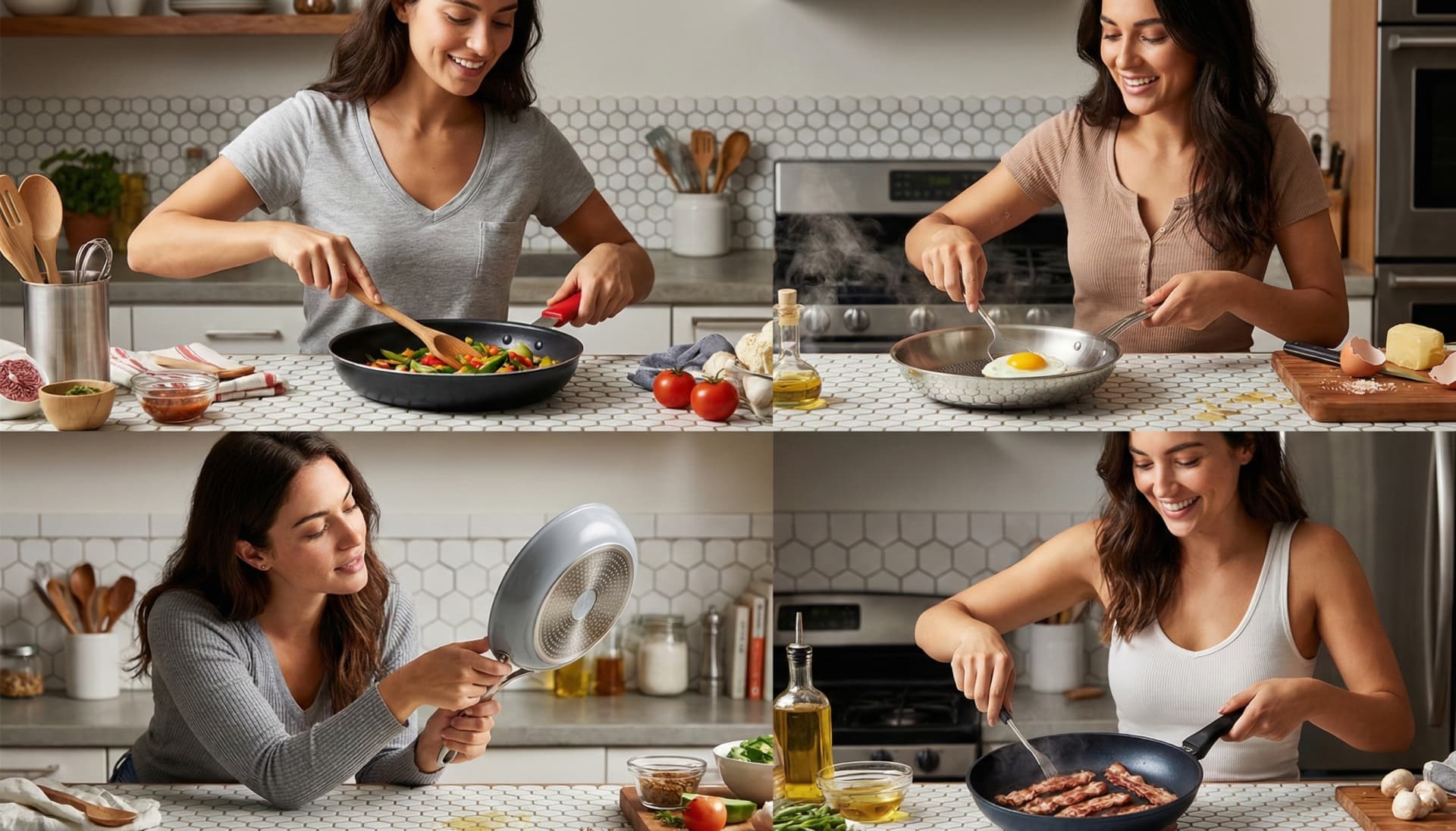 Professional nonstick frying pan with eggs cooking on a modern stovetop