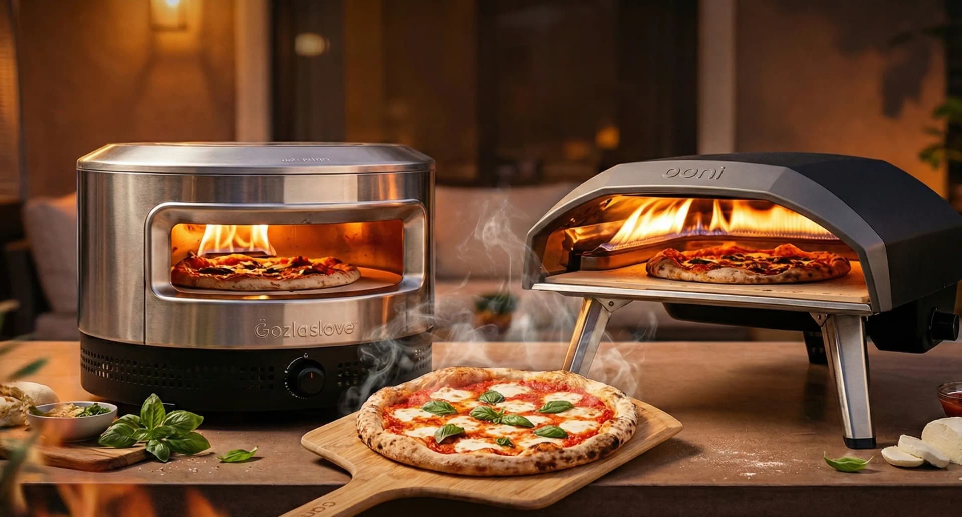 Professional pizza oven with wood-fired pizza on a kitchen counter
