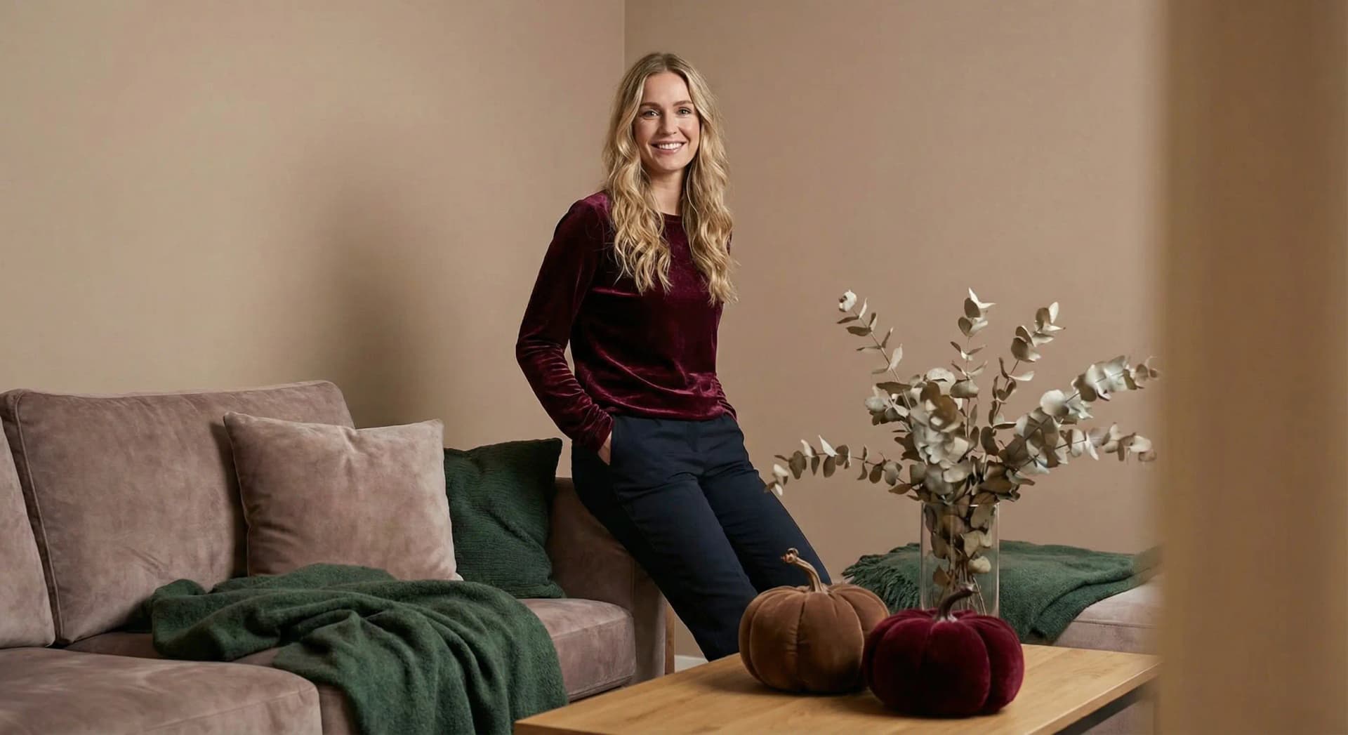 Best seasonal decor in brown, burgundy, and green displayed elegantly in a cozy home setting