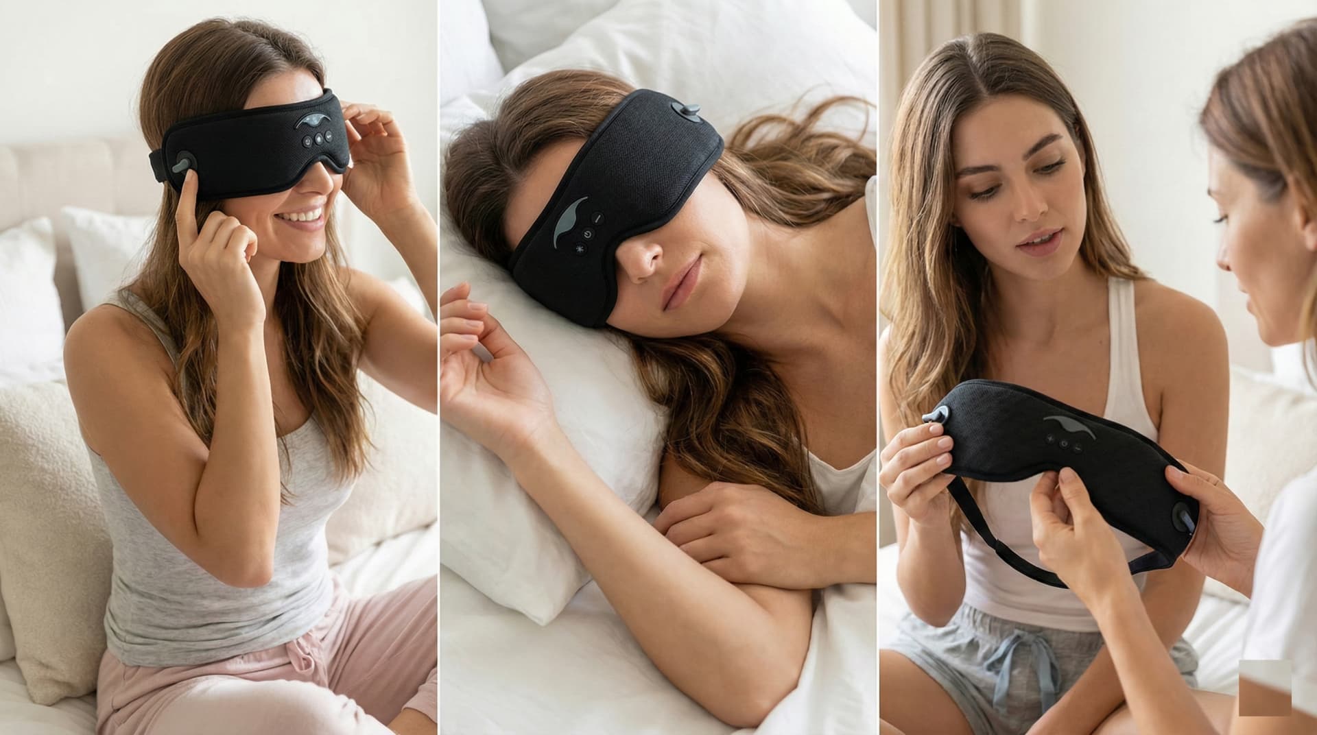 Bedside table with sleep headband, pillow, and lavender candle