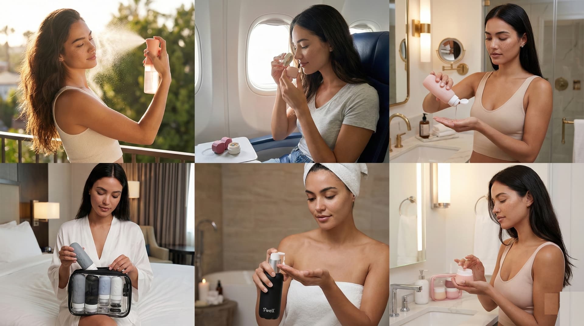 Travel beauty products organized in TSA-compliant containers on a suitcase