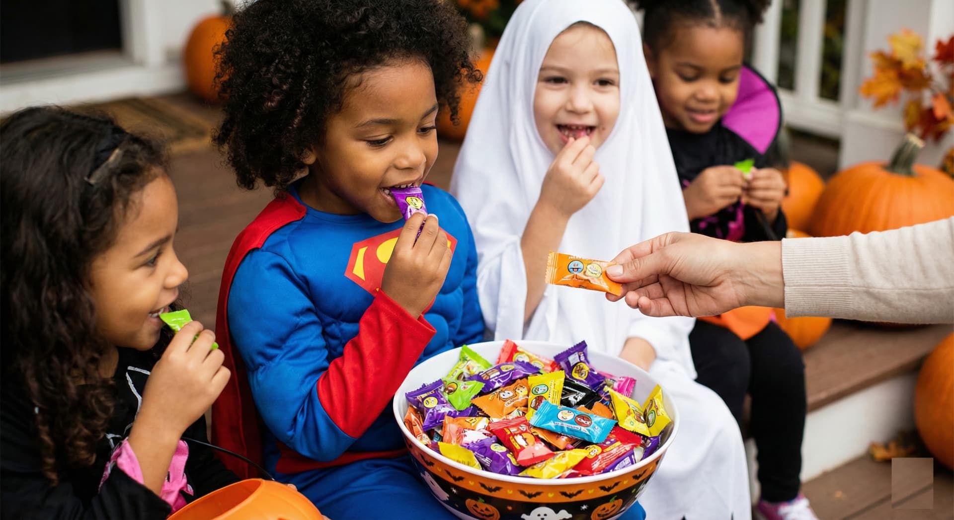 Bowls of colorful Halloween candy ready for trick-or-treaters
