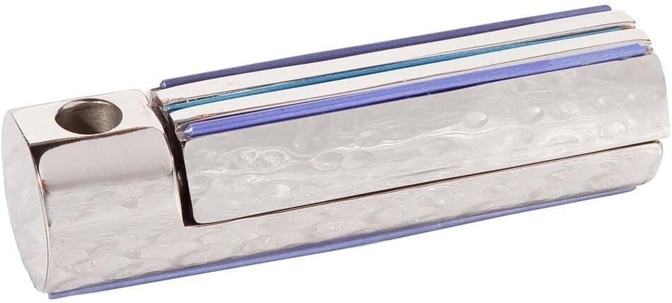 Blue hammered metal folding travel menorah by Yair Emanuel