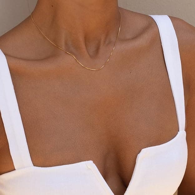 Minimalist Thin Gold Chain 18K Gold Plated Thin Box Chain Necklace Short Small Gold Chain Choker Necklaces for Women