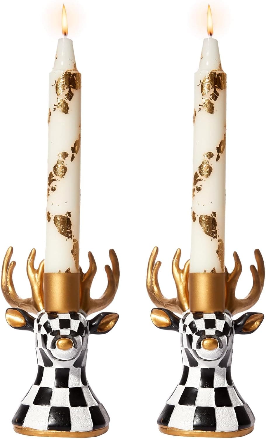 WDS WONDROUS Christmas candle holders reindeer black white set of 2, deer taper candle holders with gold antlers and check pattern