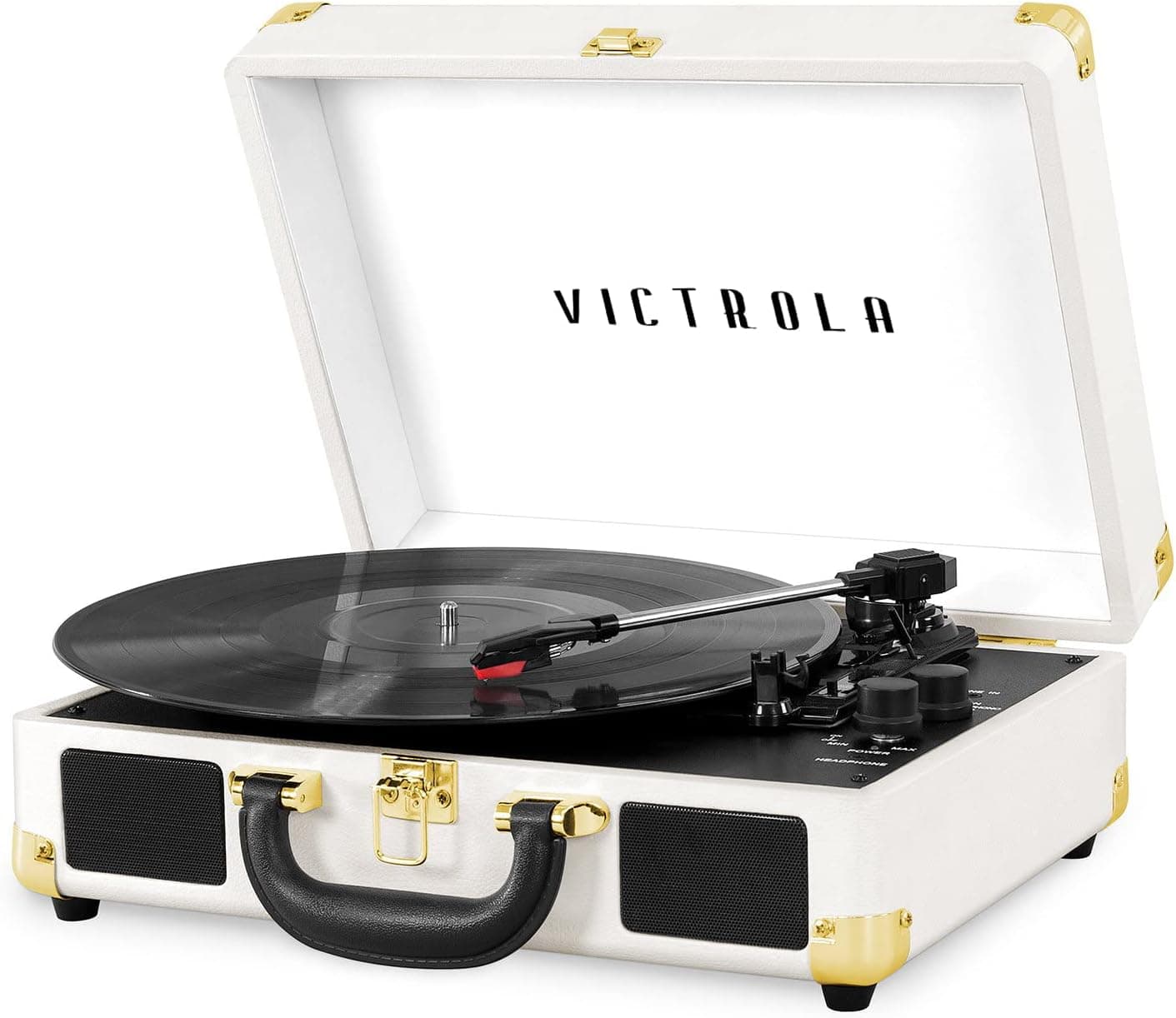 Victrola Journey Bluetooth portable suitcase record player with built-in speakers in white vintage design