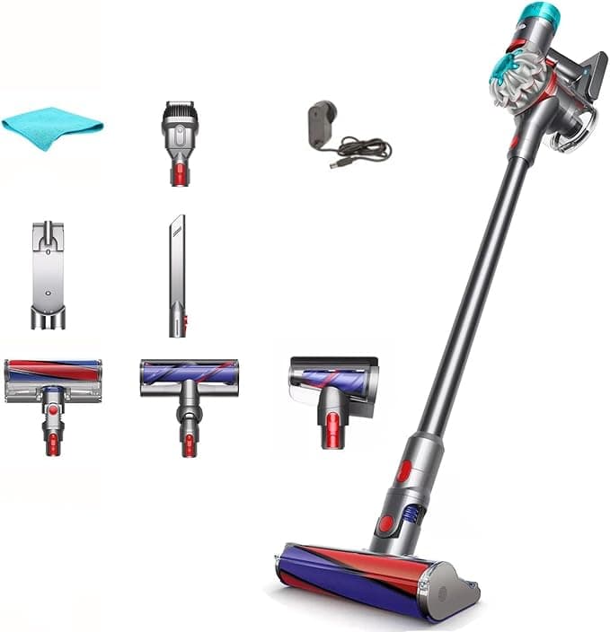 Dyson V8 Absolute Cordless Vacuum Cleaner, HEPA Filter, Rotating Brushes, Bagless, Battery Operated, Up to 40 Min Runtime, Silver, with 5AVE Microfiber Cloth