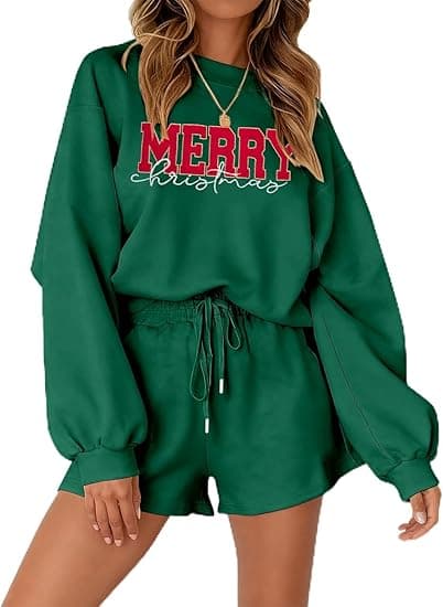 MYHALF Women 2 Piece Outfits Christmas Sweat Shorts Sets