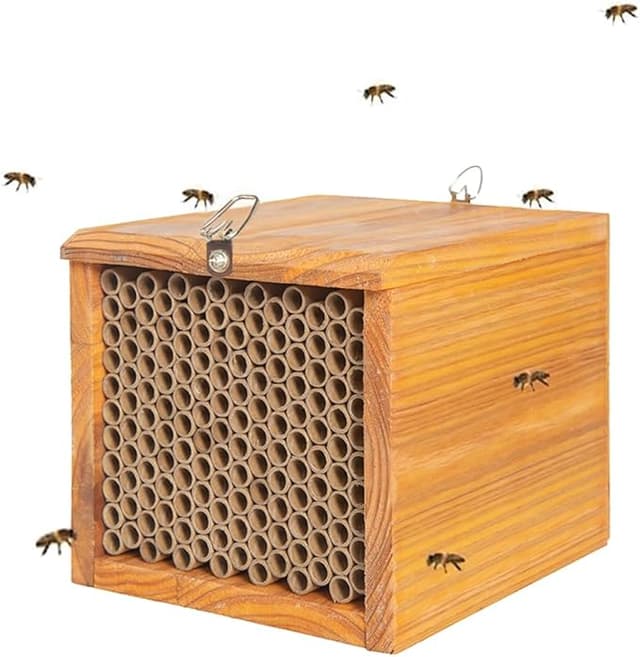 Mason Bee House - Wax Coated Hotel for The Garden, Natural Handmade Wooden Waterproof Mason Bee Home, Attracts Peaceful Pollinators, Native Mason Bee Habitat