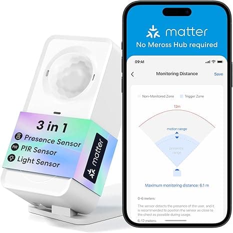 Meross Matter presence sensor on a shelf detecting motion and light