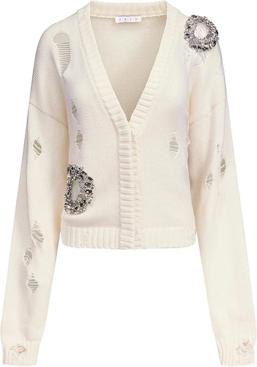 AREA Distressed Crystal Cardigan - Designer Knitwear - $1,195.00