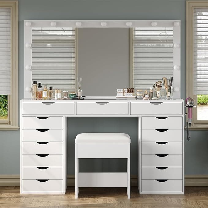 Vanity Desk with Mirror and Lights, Makeup Table with Charging Station