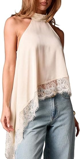 Milumia women's Y2k halter mock neck sleeveless top lace asymmetrical hem going out tank tops