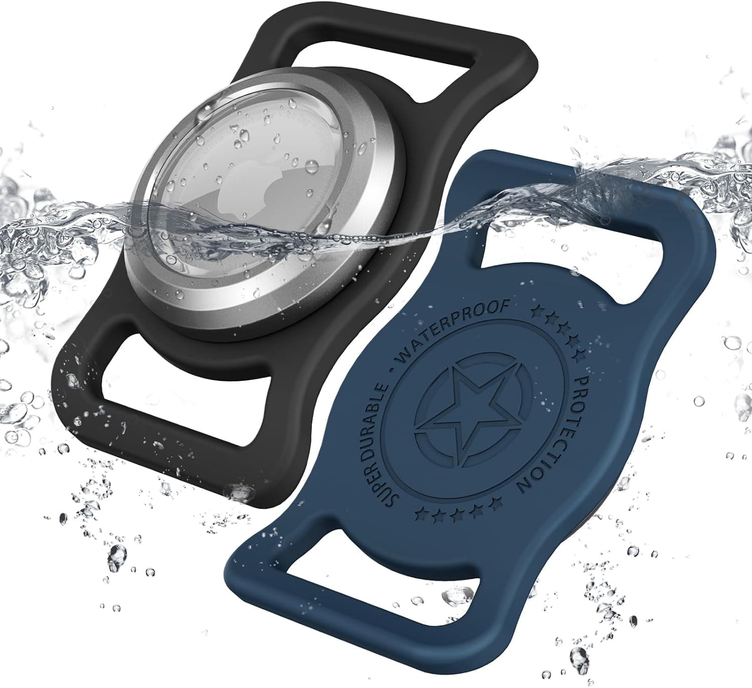 Waterproof Airtag Collar Holder, [2 Pack] Aluminum Full Body Covered Preventing Chewing Apple Air Tag Case for Pet Collar Backpack「Black/Navy blue-1PS」
