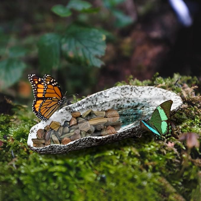 Butterfly Watering Station Outdoor Bee Feeder Water Station Puddler Stone with Mineral River Rock Lawn Decoration Insects Ceramic Bowl Home Yard Garden