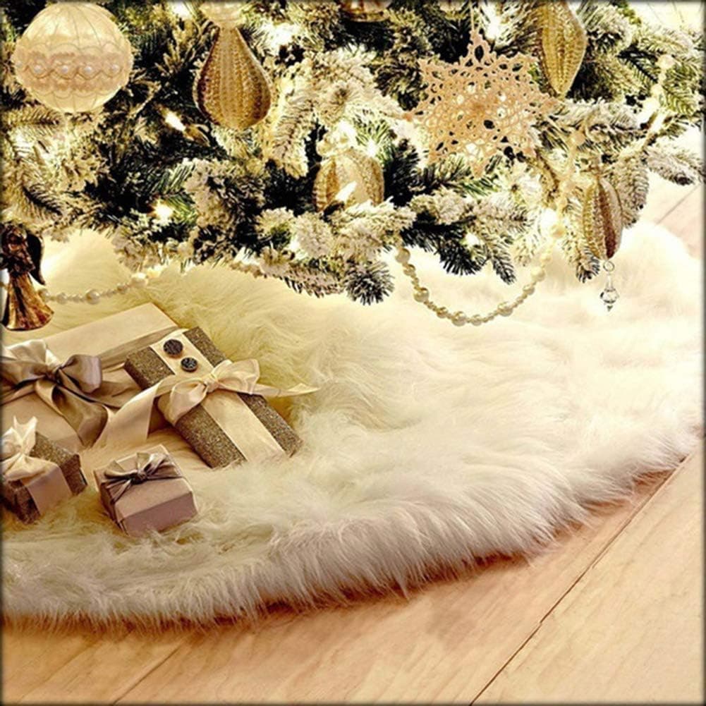AOGU 48-inch white faux fur Christmas tree skirt with plush design