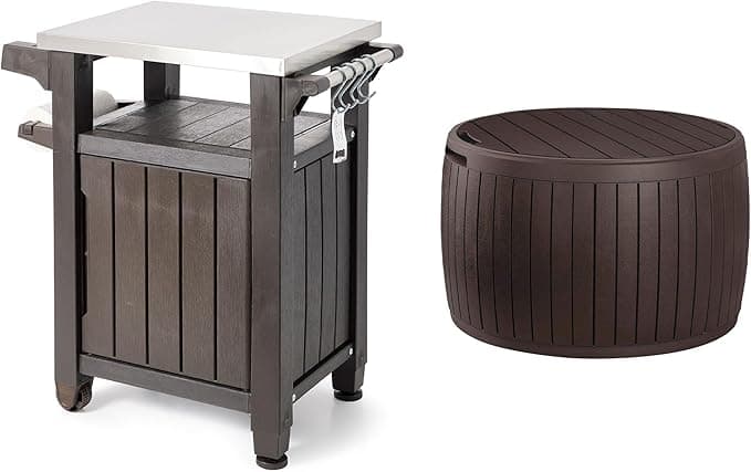 Keter Unity 40 Gallon Stainless Steel Top Grilling Bar Cart with Circa 37 Gallon Round Deck Box Multipurpose Storage Table and Seating, Brown