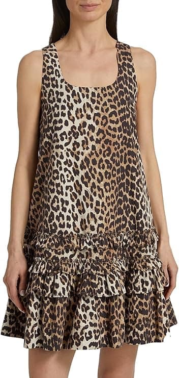 Ganni Leopard-Print Cotton Poplin U-Neck Minidress - Designer Dresses - $295.00
