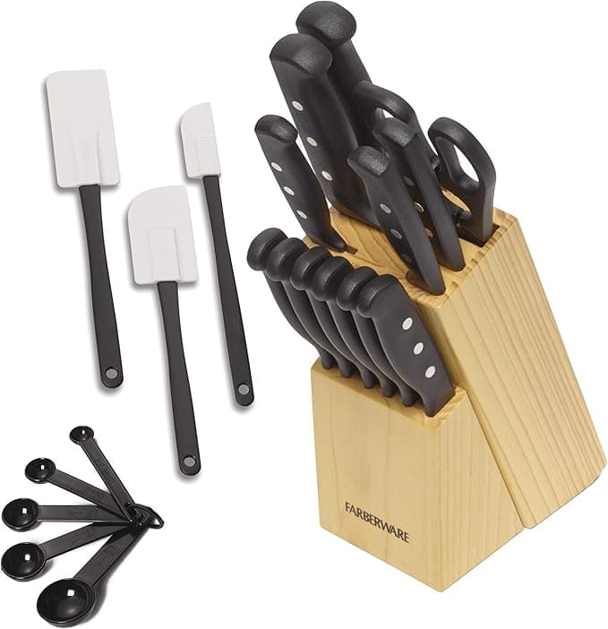 Farberware 22-Piece Never Needs Sharpening Triple Rivet High-Carbon Stainless Steel Knife Block and Kitchen Tool Set, Black, Durable ANDPrecision Cutlery