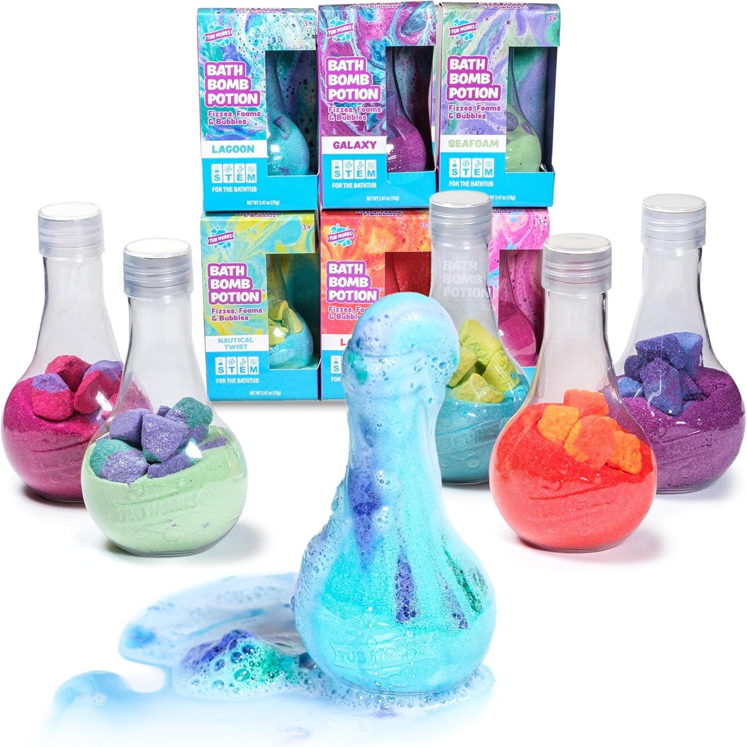 Tub Works Kids Bath Bomb Potion set with colorful bath bombs and packaging