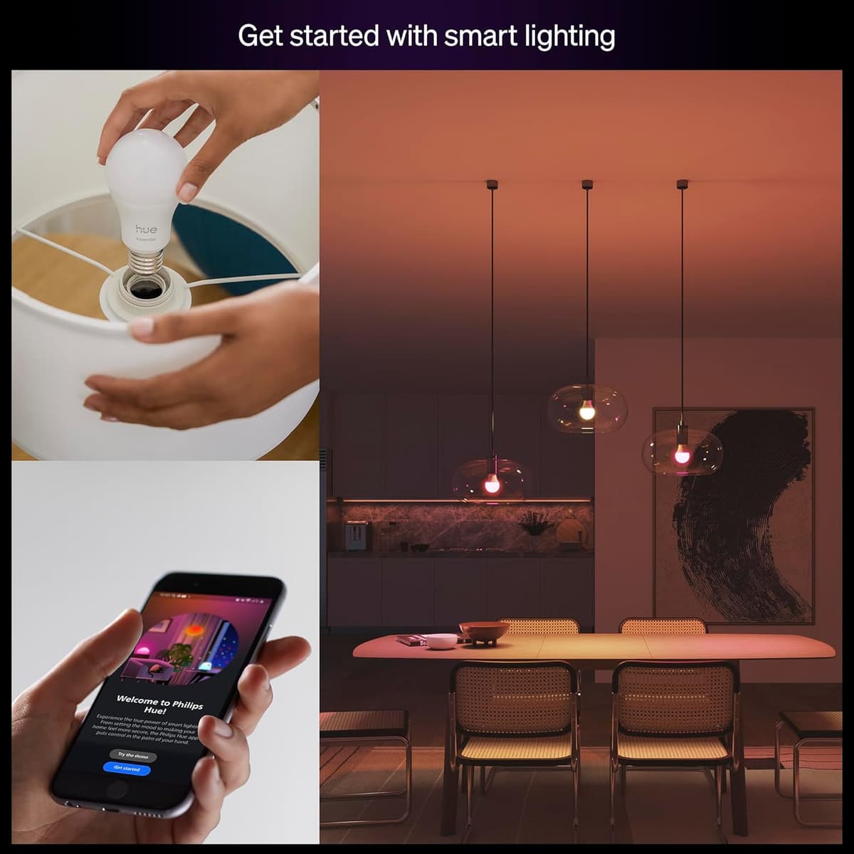Philips Hue Essential Smart LED A19 Bulb, White and Color Ambiance, E26 Base, 8.8W, 2200K-6500K, 800 Lumens, Dimmable, Works with Alexa, Google, and Apple Home, 2-Pack