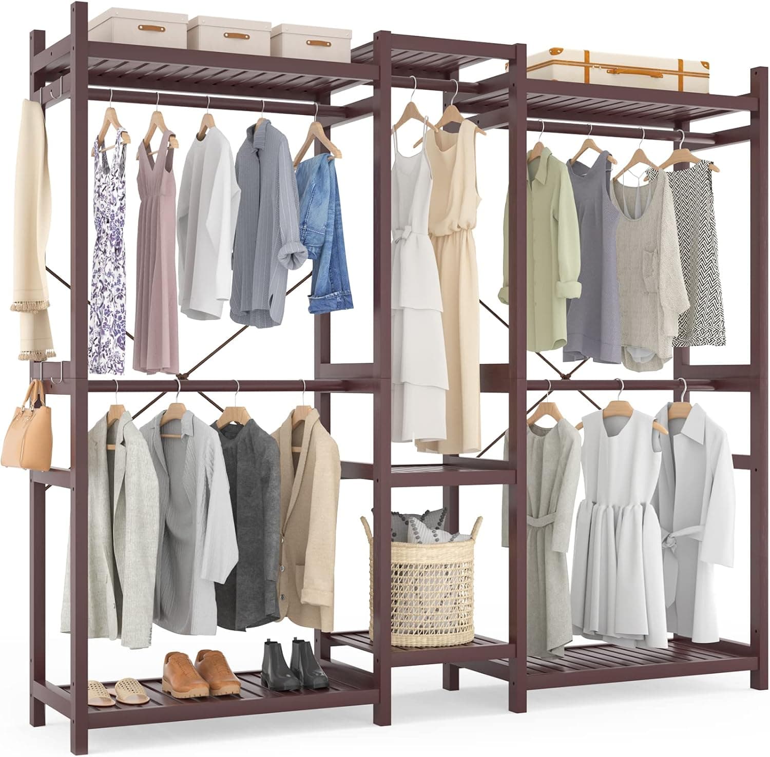 Homykic Bamboo Closet System Clothes Rack with 7 Storage Shelves and 5 Rods