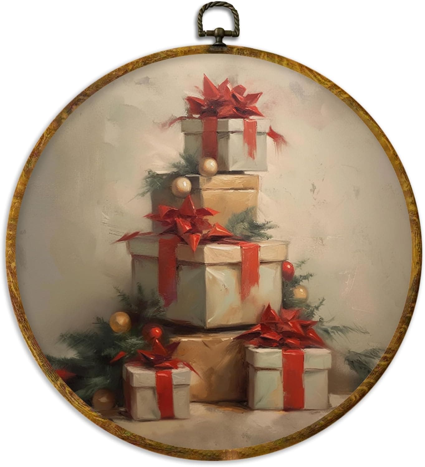 XPH vintage Christmas round wall art framed, winter Christmas circle wall decor with retro cottagecore holiday gift boxes design